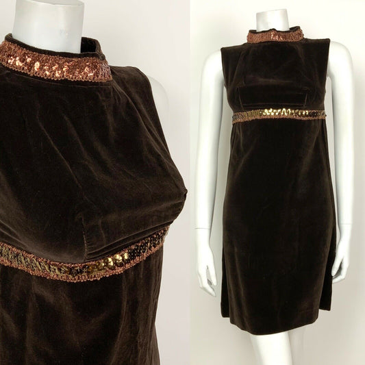 VINTAGE 60s 70s BROWN BRONZE METALLIC SEQUIN VELVET MOD DISCO STUDIO 54 DRESS 4