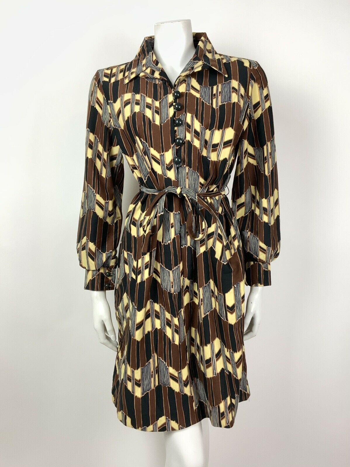 VINTAGE 60s 70s BROWN YELLOW BLACK ZIG-ZAG GEOMETROC BELTED SHIRT DRESS 12 14 16