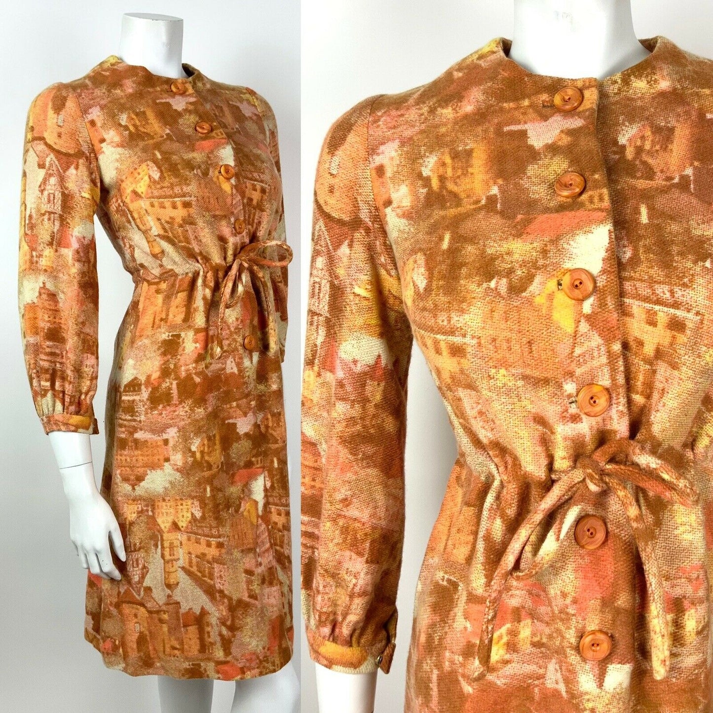 VINTAGE 60s 70s ORANGE YELLOW BROWN PINK VILLAGE CHURCH TREE WOOL DRESS 6 8