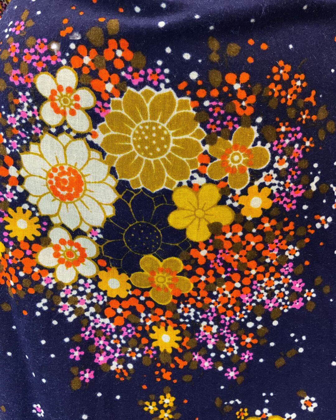 VINTAGE 60 70s BLUE ORANGE YELLOW FLORAL BOUQUET FLOUNCE SLEEVE MOD DRESS 12