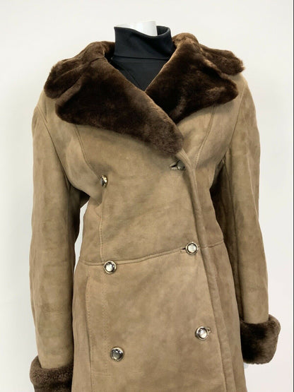 VINTAGE 60s 70s CAMEL BROWN SUEDE SHEARLING DOUBLE-BREASTED LONG COAT 16 18