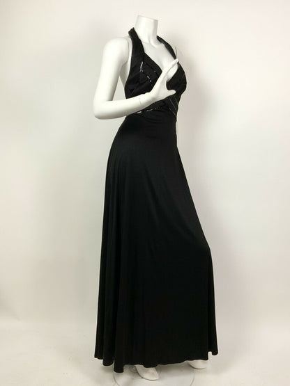 VINTAGE 60s 70s BLACK SEQUIN DISCO STUDIO 54 GLAM HALTER MAXI DRESS 10 12