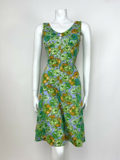 VTG 60s 70s GREEN EMPIRE LINE SUN DRESS BLUE PURPLE ORANGE FLORAL DITSY 12 14