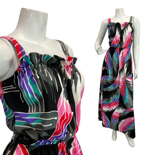 VINTAGE 60s 70s BLACK PINK GREY GEOMETRIC STRIPED MOD STRAPPY MAXI DRESS 6 8