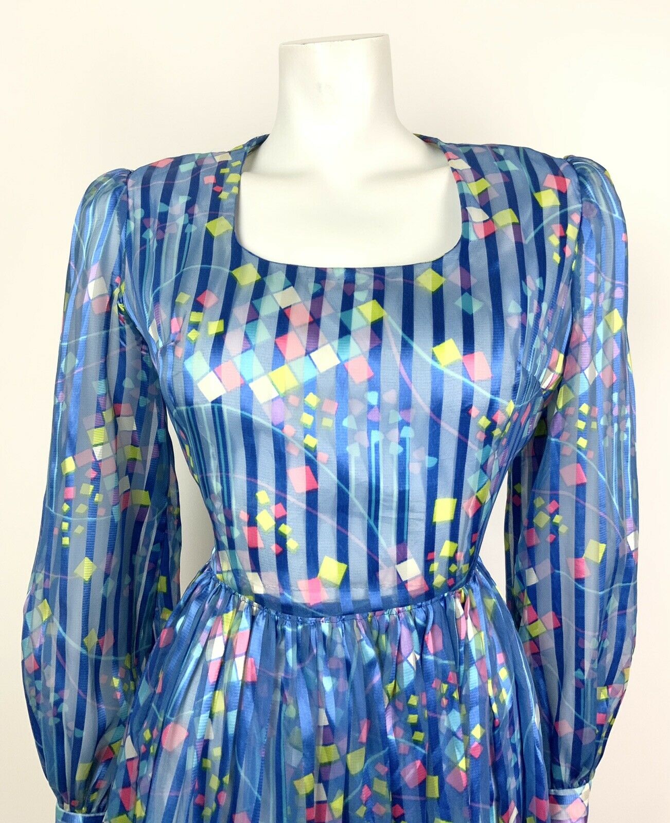 VINTAGE 60s 70s METALLIC BLUE WHITE PINK YELLOW STRIPED SQUARE SHEER DRESS 10