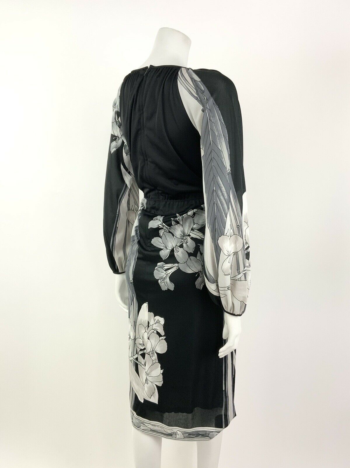 VINTAGE 60s 70s BLACK SILVER WHITE FLORAL LEAFY BOHO MIDI DRESS 8