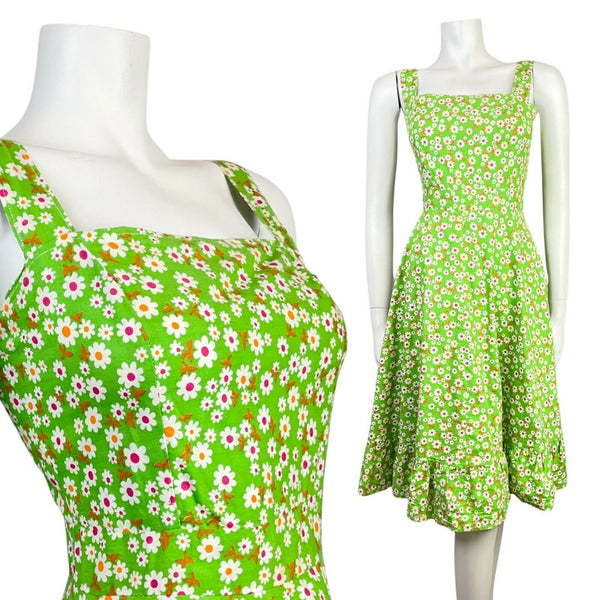 VINTAGE 60s 70s GREEN WHITE PINK DAISY FLOWER DITSY MOD STRAPPY SUN DRESS 6