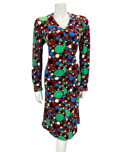 VTG 60S 70S BURGUNDY GREEN BLUE BLACK SPOTTY PSYCHEDELIC PRINT MIDI DRESS 12 14