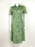 VINTAGE 60s 70s GREEN WHITE YELLOW FLORAL DITSY SHIRT WAIST SUMMER DRESS 12 14