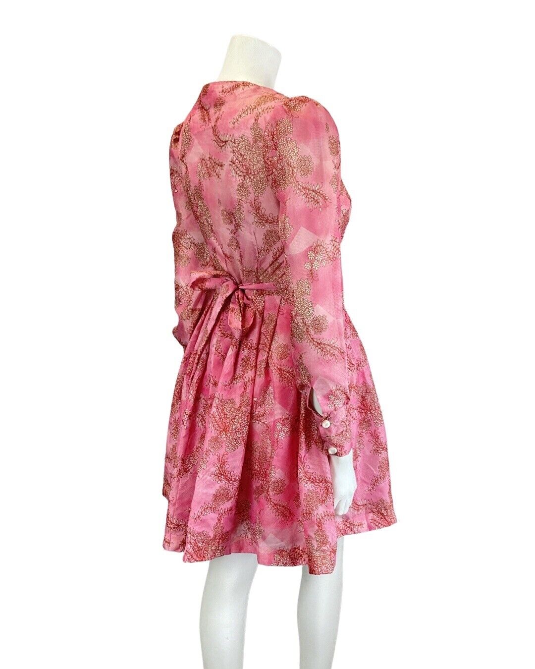 VINTAGE 60s 70s ROSE PINK RED FLORAL DITSY FLOATY SHEER MINI SWING DRESS 6