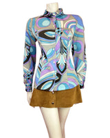 VTG 60s 70s SILVER BLUE PURPLE BLACK PSYCHEDELIC SWIRLY MOD BLOUSE SHIRT 12 14