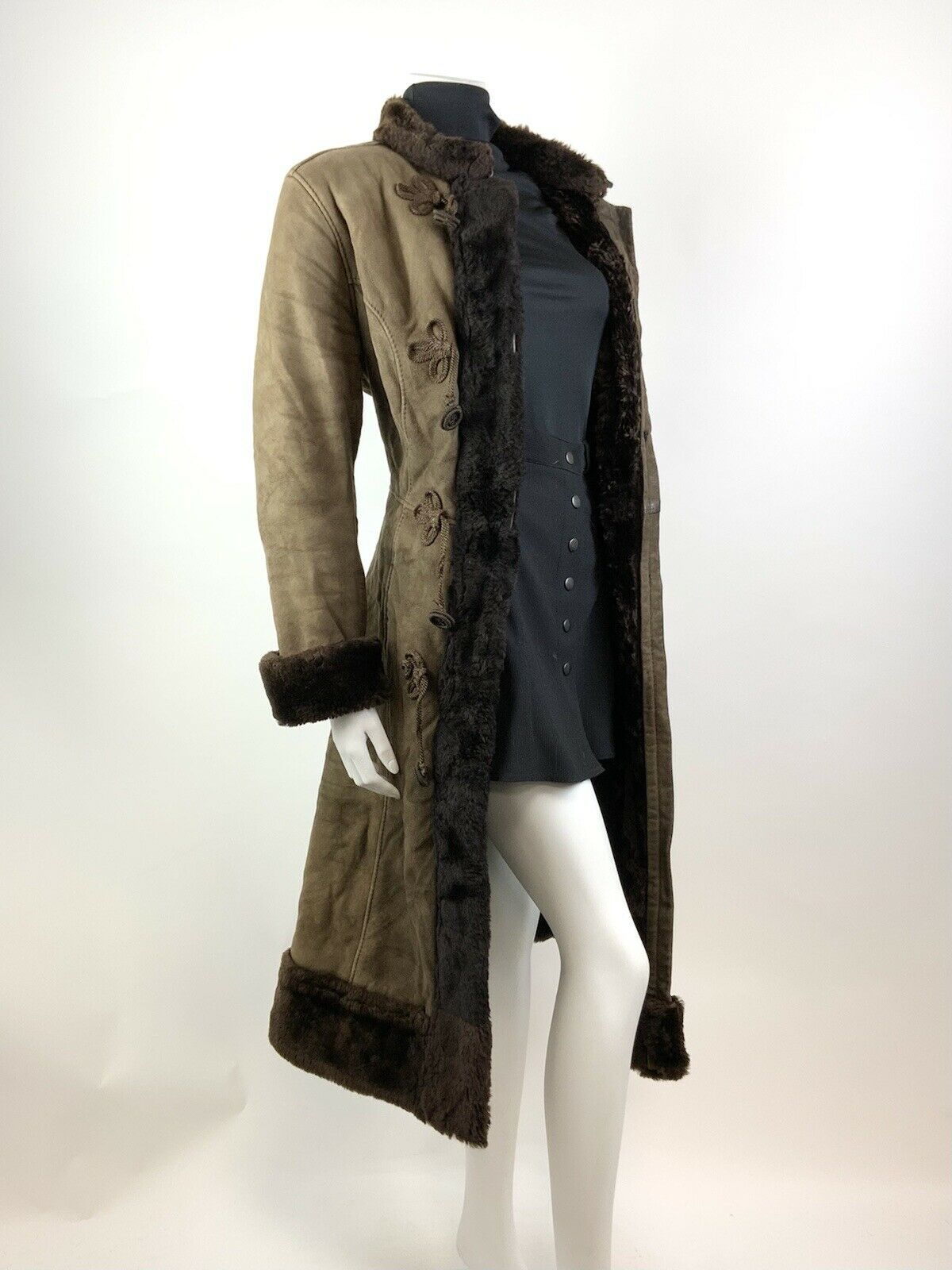 VINTAGE 60s 70s DARK BROWN SUEDE LEATHER ZHIVAGO BROCADE PRINCESS COAT 10