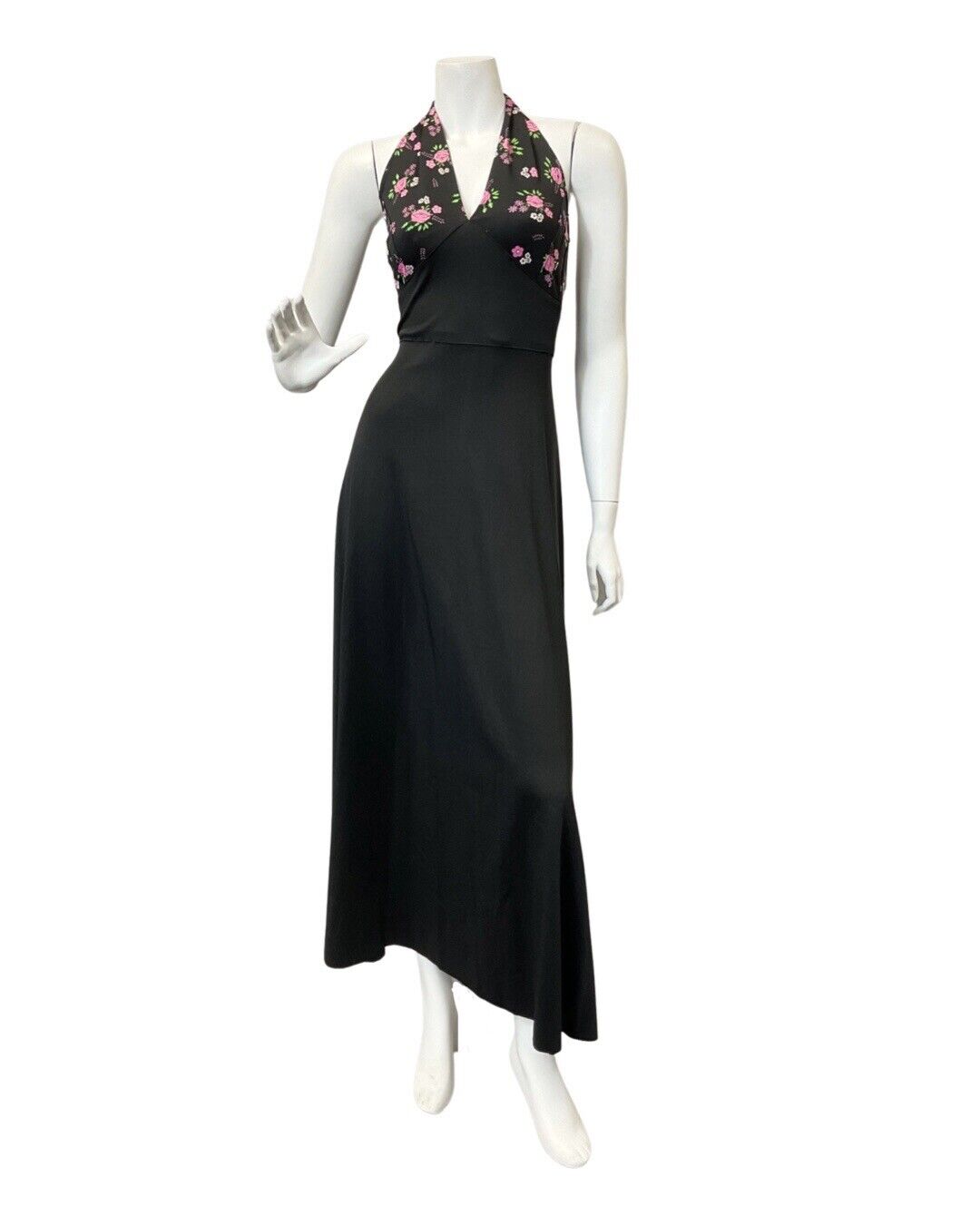 VINTAGE 60s 70s BLACK PINK GREEN FLOWER DAISY ROSE MOD HALTER MAXI DRESS 10