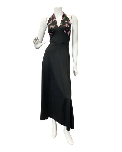 VINTAGE 60s 70s BLACK PINK GREEN FLOWER DAISY ROSE MOD HALTER MAXI DRESS 10