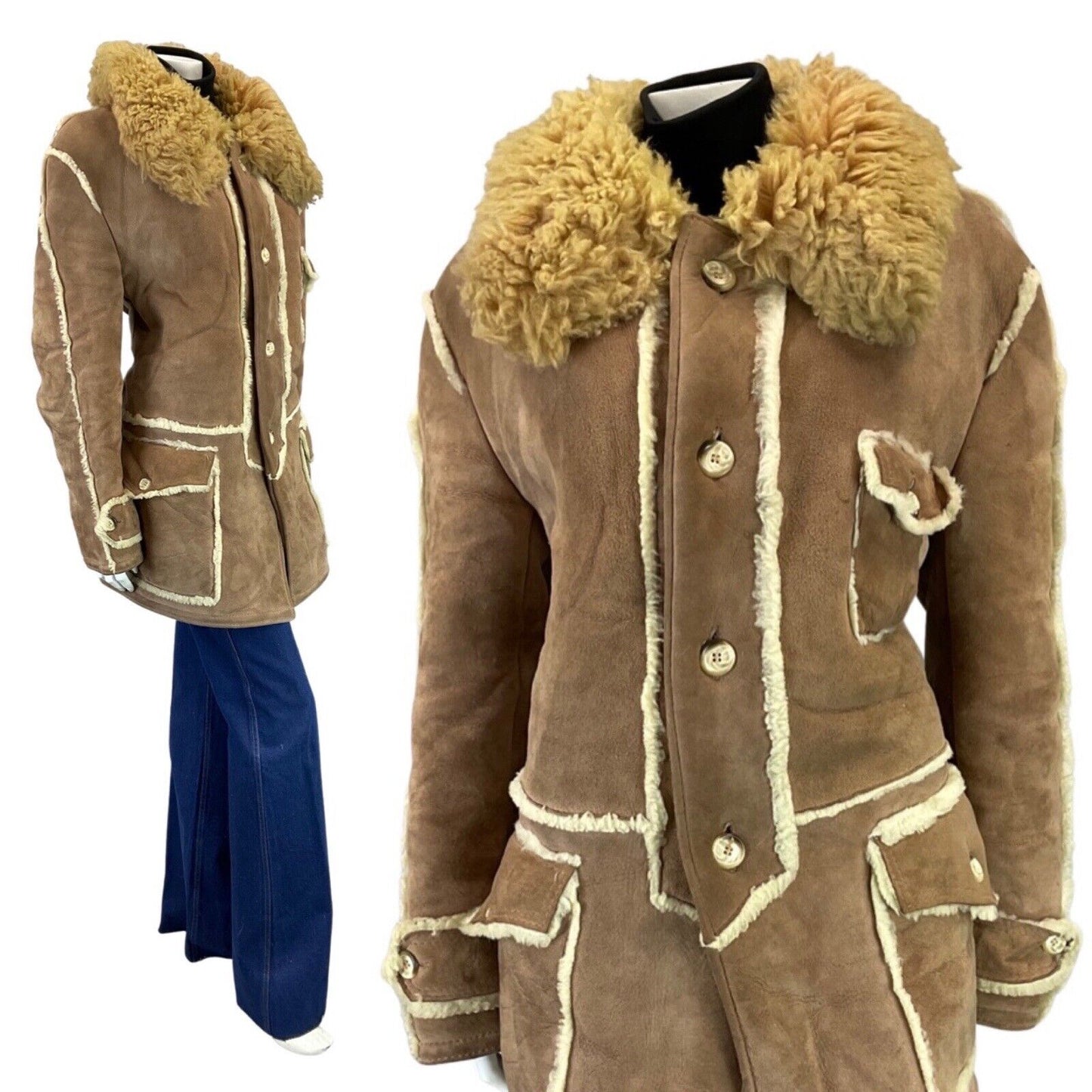 VINTAGE 60s 70s SOFT BROWN SUEDE LEATHER BOHO MOD SHEEPSKIN SHEARLING COAT 14 16