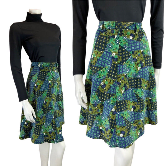 VINTAGE 60s 70s GREEN BLUE PATCHWORK DAISY FLOWER CORDUROY KNEE-LENGTH SKIRT 4