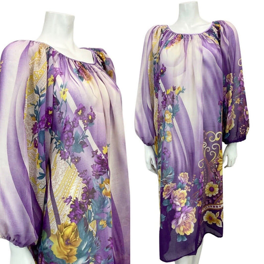 VINTAGE 60s 70s PURPLE LILAC YELLOW FLORAL BOHO SHEER MIDI DRESS 10 12 14 16 18