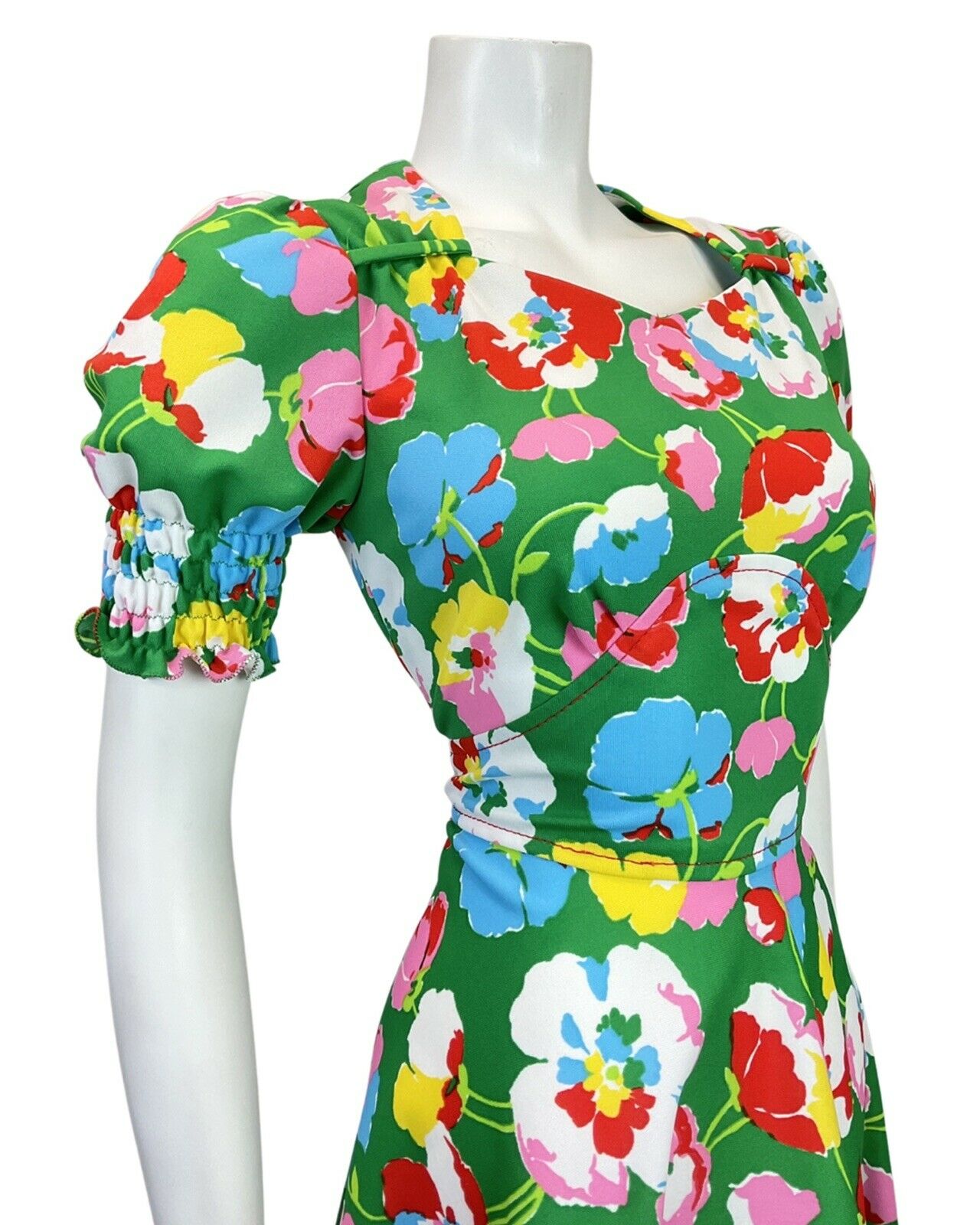 VINTAGE 60s 70s GREEN RED BLUE WHITE FLORAL POPPY PUFF SLEEVE MOD DRESS 10 12