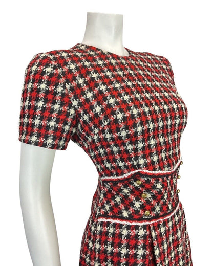 VINTAGE 60s 70s RED BLACK WHITE PLAID CHECKED MOD MINI WOOL DRESS 12