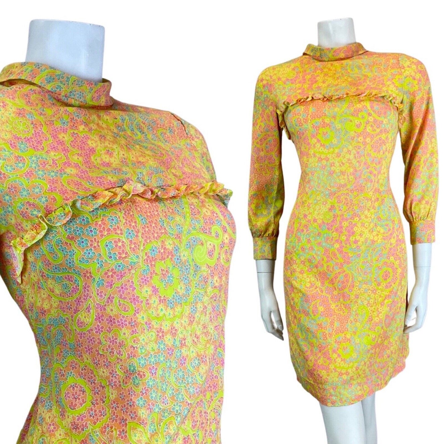 VINTAGE 60s 70s GREEN PINK BLUE PSYCHEDELIC FLORAL MOD MINI SHIFT DRESS 8