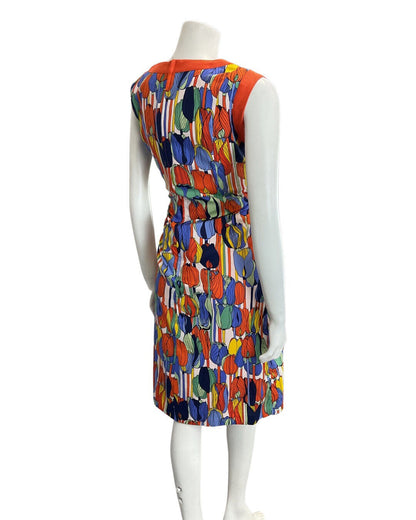 VINTAGE 60s 70s ORANGE BLUE GREEN TULIP FLOWER MOD SLEEVELESS DRESS 12