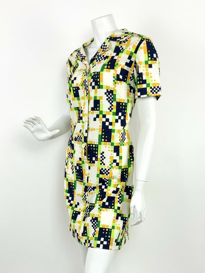 VINTAGE 60s 70s CREAM LIME GREEN BLUE ORANGE GEOMETRIC PIXEL SHIRT DRESS 10 12