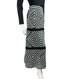 VINTAGE 70s BLUE BLACK WHITE DIAMOND CROCHETED BOHO FOLK KNITTED MAXI SKIRT 8