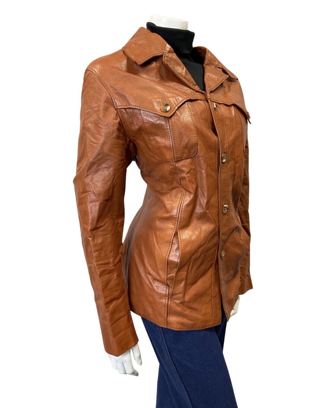 VINTAGE 60s 70s TAN BROWN WESTERN MOD LEATHER JACKET 14 16