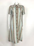 VTG 60s 70s BLUE BROWN WHITE GOLD WAVE OP ART DAGGER COLLAR SHIRT DRESS 8 10