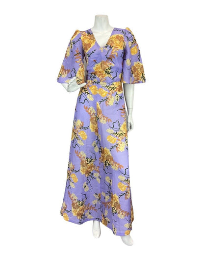 VINTAGE 60s 70s PURPLE YELLOW BROWN FLORAL SUMMER FLARED MAXI DRESS 6 8