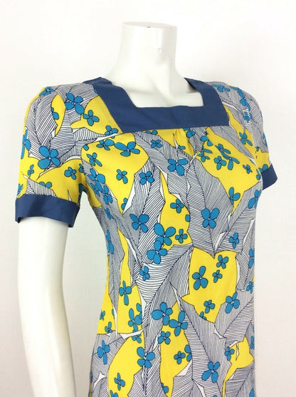 60s 70s VINTAGE YELLOW BLUE WHITE FLORAL TUNIC DRESS 10 12 14