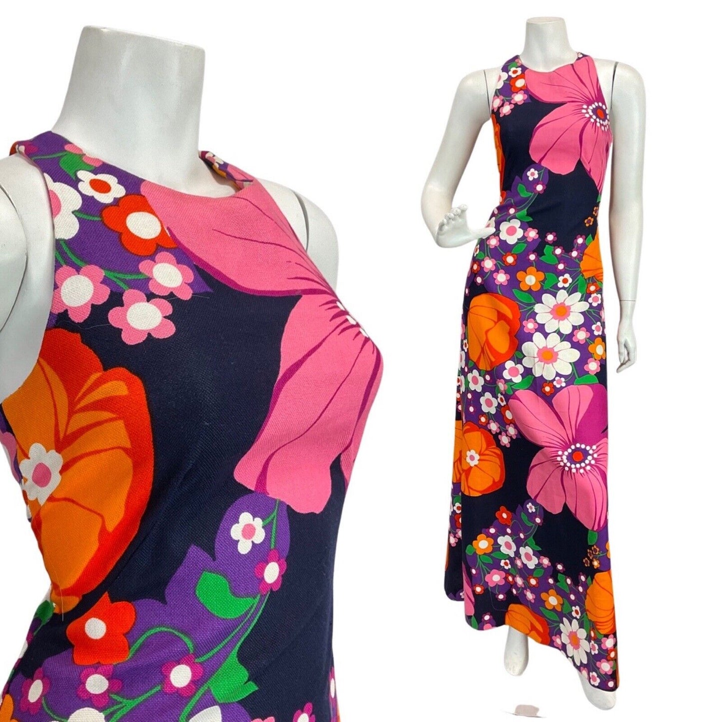 VINTAGE 60s 70s PINK BLUE ORANGE FLOWER DAISY MOD HALTER MAXI DRESS 8