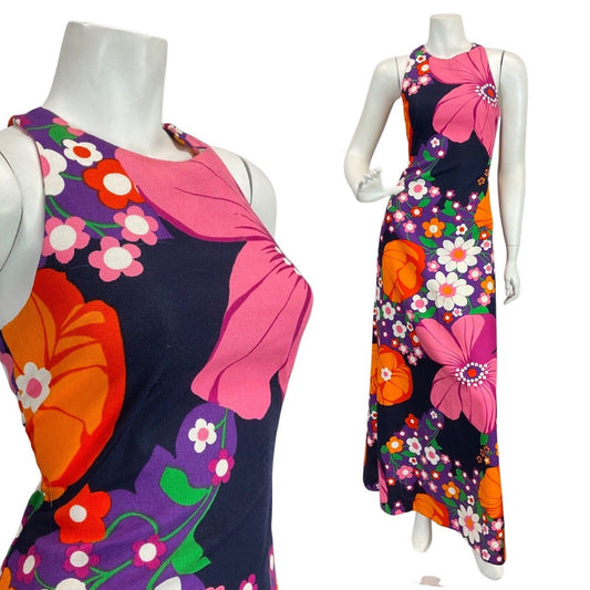 VINTAGE 60s 70s PINK BLUE ORANGE FLOWER DAISY MOD HALTER MAXI DRESS 8