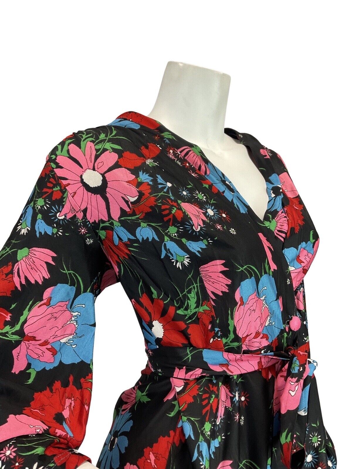 VINTAGE 60s 70s BLACK PINK BLUE FLORAL PSYCHEDELIC MOD WRAP MAXI DRESS 10 12