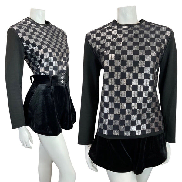 VINTAGE 60s 70s BLACK SILVER CHECKERBOARD MOD DISCO LONGSLEEVE BLOUSE TOP 14 16