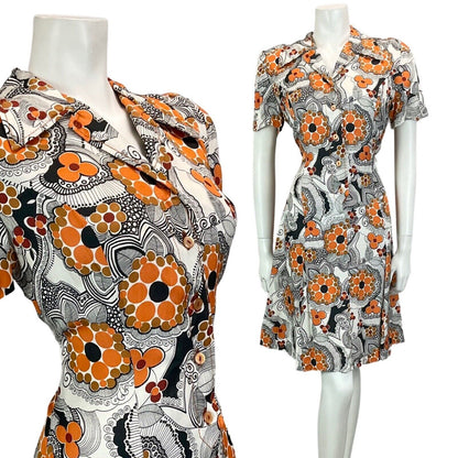 VINTAGE 60S 70S WHITE ORANGE BROWN BLACK FLORAL PSYCHEDELIC MOD DRESS 14