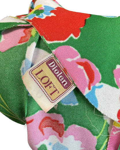 VINTAGE 60s 70s GREEN RED BLUE WHITE FLORAL POPPY PUFF SLEEVE MOD DRESS 10 12