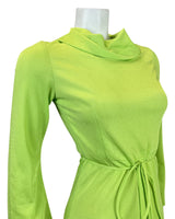 VINTAGE 60s 70s NEON GREEN LONG-SLEEVE SWING DRESS 6 8