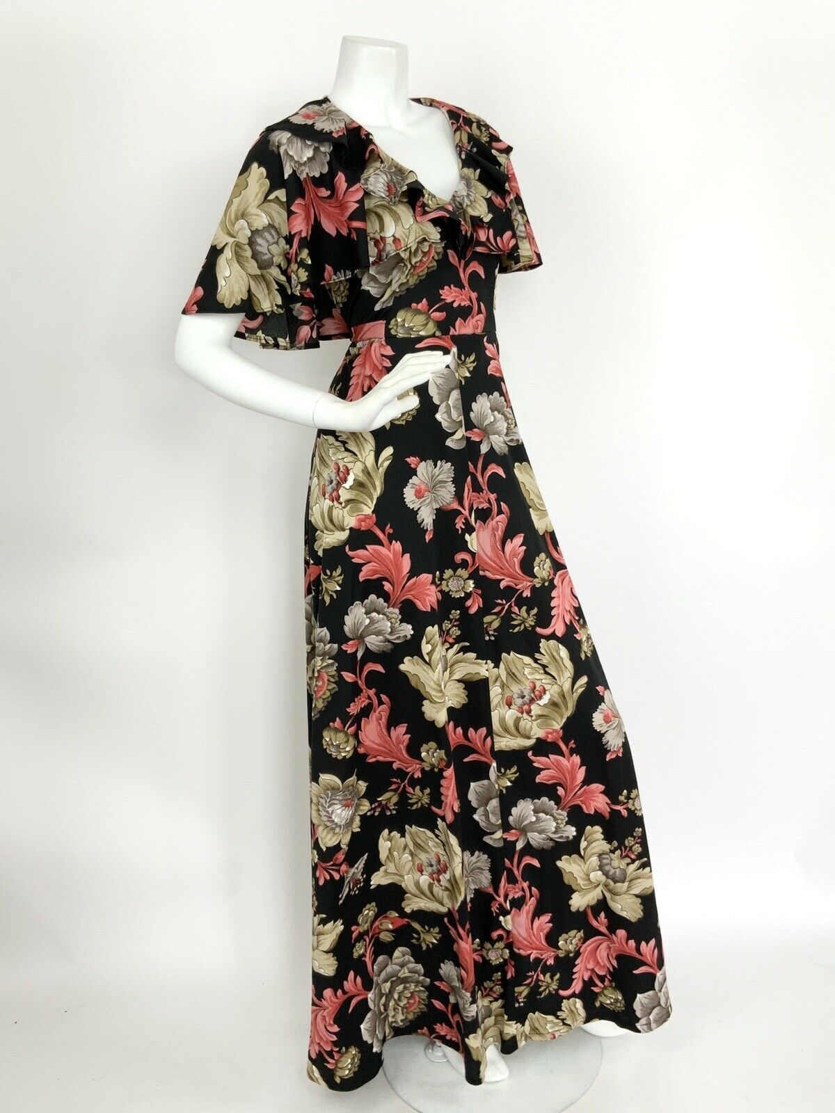 VTG 60s 70s BLACK BEIGE GREY PINK ART NOUVEAU FLORAL RUFFLE CAPE MAXI DRESS 10