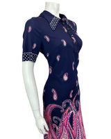 VTG 60s 70s NAVY BLUE PINK CORAL PAISLEY PRINT POLKA DOT MIDI MOD DRESS 12 14