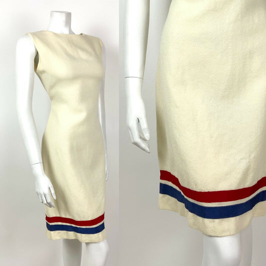 VINTAGE 60s 70s CREAM BLUE RED STRIPE MOD SLEEVELESS NAUTICAL DRESS 10 12