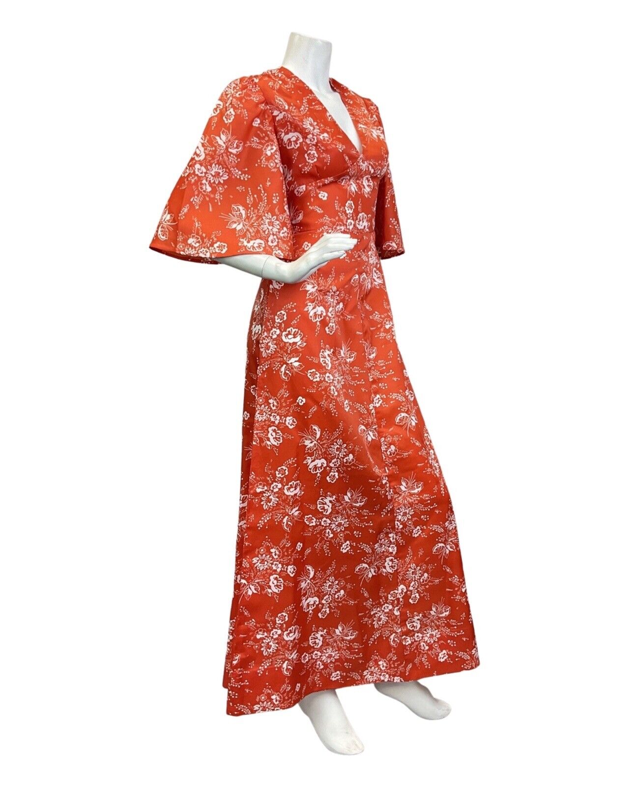 VINTAGE 60s 70s ORANGE WHITE FLORAL DOTTY BELL SLEEVE BOHO SUMMER MAXI DRESS 6