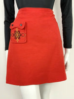 VTG 60s 70s FOLK ORANGE RED YELLOW BLACK EMBROIDERED FLORAL A-LINE SKIRT 8