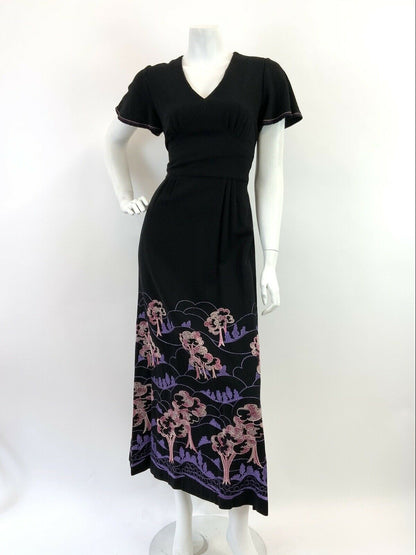 VTG 60s 70s BLACK PURPLE PINK EMBROIDERED TREE NATURE BOHO FOLK MAXI DRESS 10 12