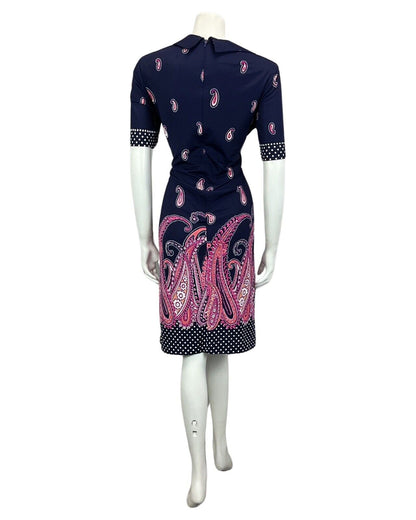 VTG 60s 70s NAVY BLUE PINK CORAL PAISLEY PRINT POLKA DOT MIDI MOD DRESS 12 14