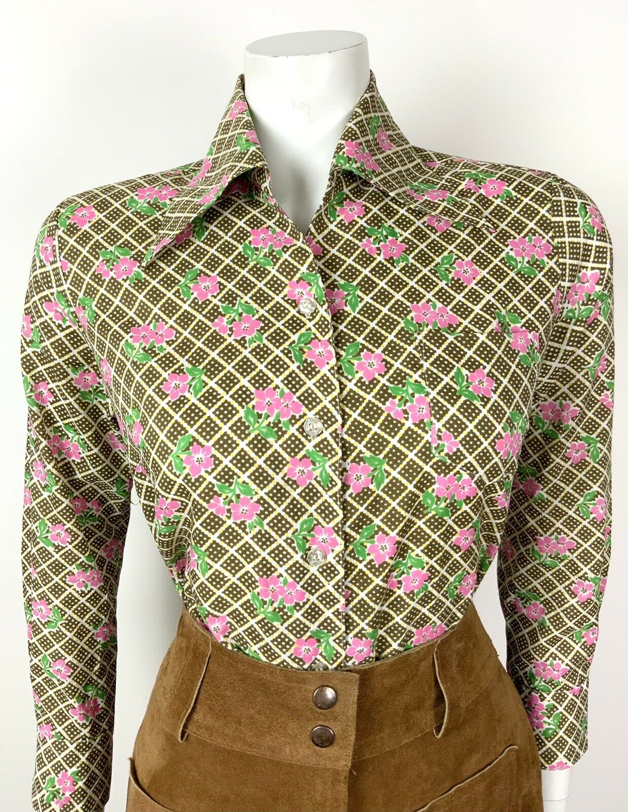 VINTAGE 60s 70s BROWN WHITE PINK CHECKED SQUARE FLORAL DAGGER SHIRT 10 12