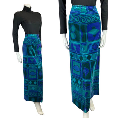 VINTAGE 60s 70s BLUE GREEN GEOMETRIC PANELLED MOD VELOUR MAXI SKIRT 8 10