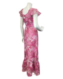 VINTAGE 60s 70s ROSE PINK WHITE RUFFLED FLORAL LEAFY MAXI DRESS 8