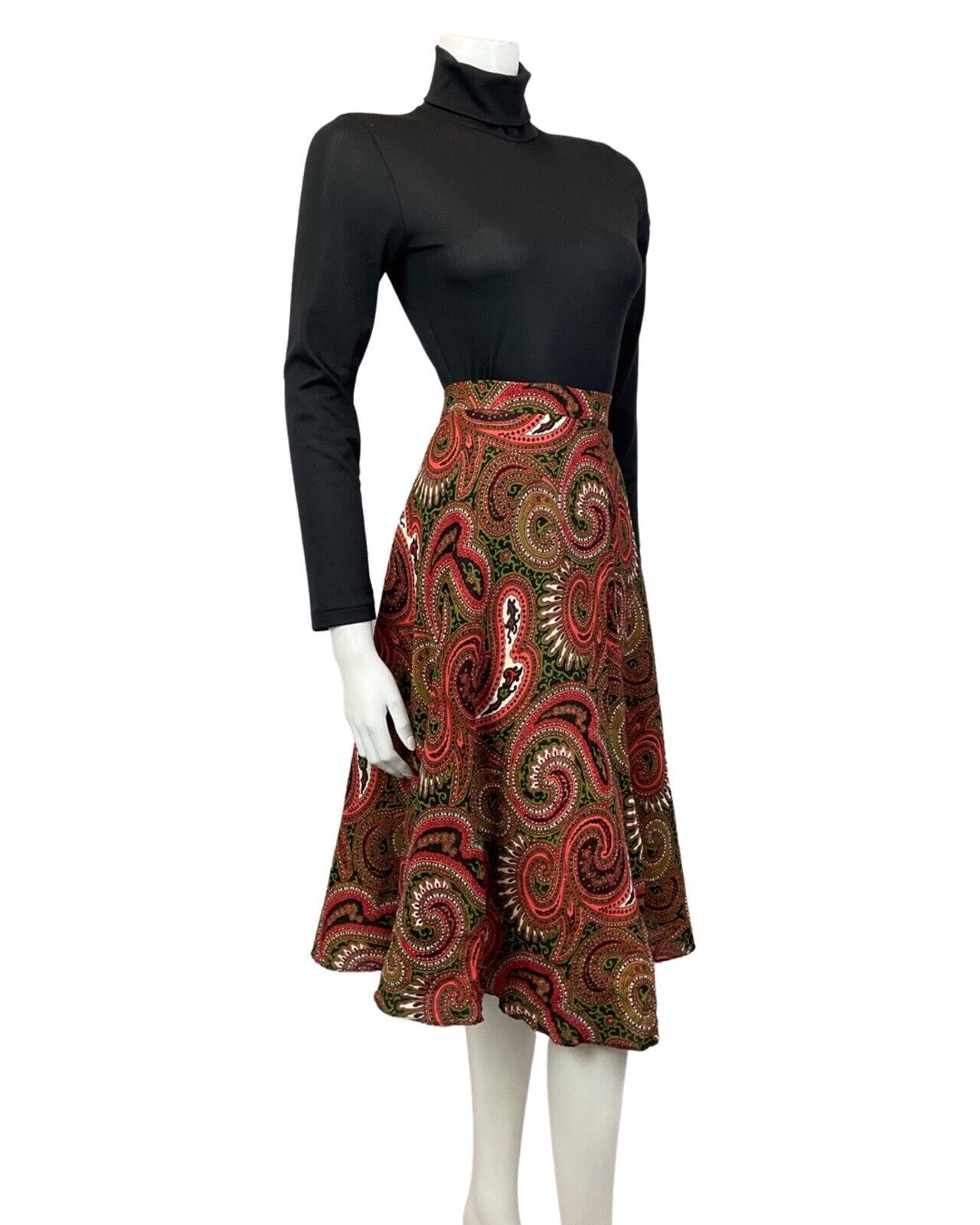 VINTAGE 60s 70s RED BLACK GREEN PAISLEY MANDALA PSYCHEDELIC SWING SKIRT 10 12