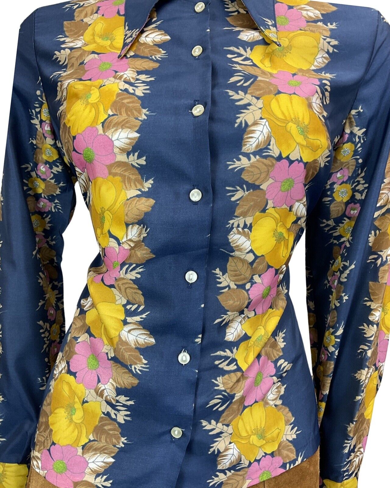 VTG 60s 70s NAVY BLUE PINK YELLOW BROWN FLORAL PRINT BOHO DAGGAR COLLAR 14 16